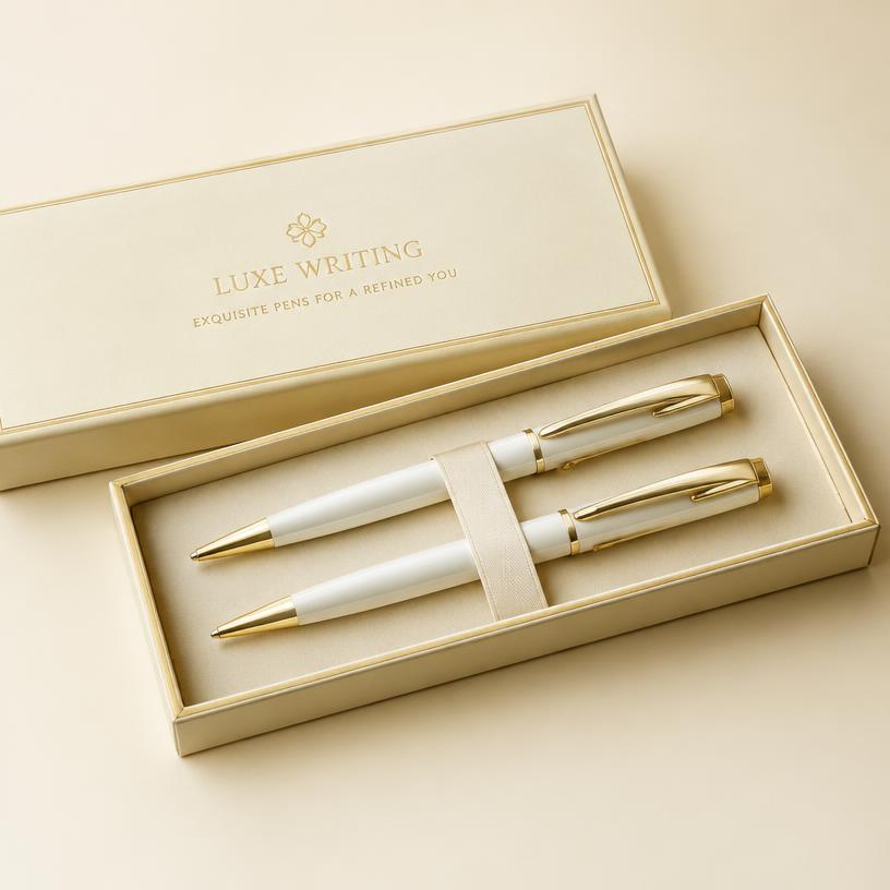 Kit Canetas Luxe — Branco & Ouro